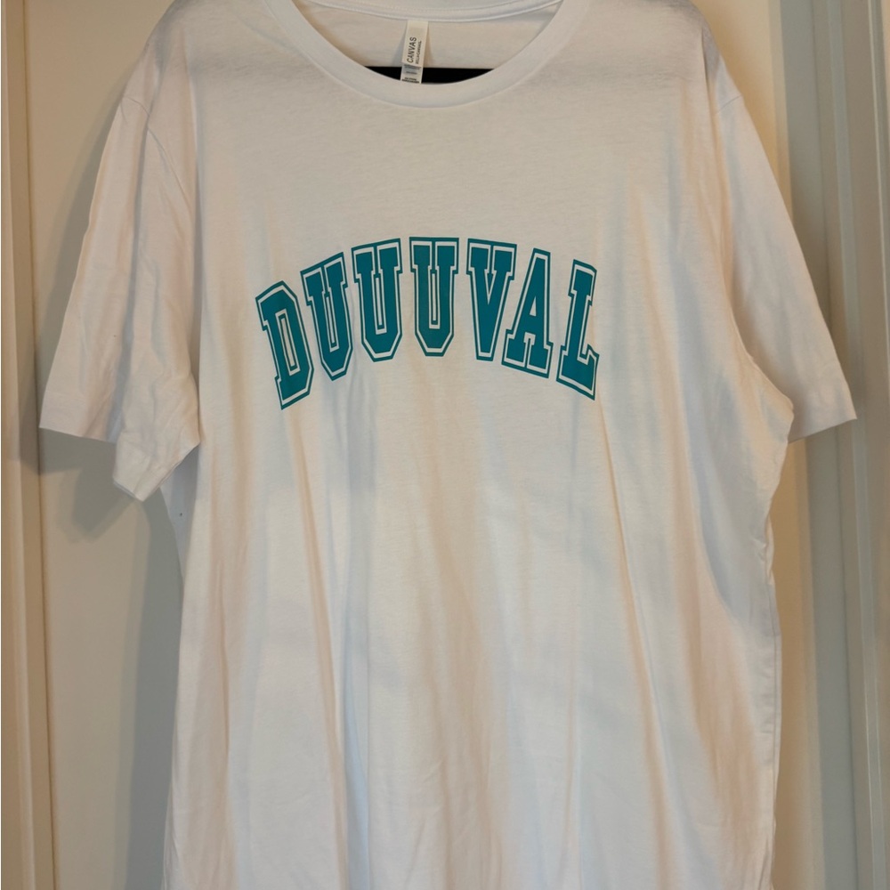 Bella Canvas White Short Sleeve Tee with Teal DUUVAL Print